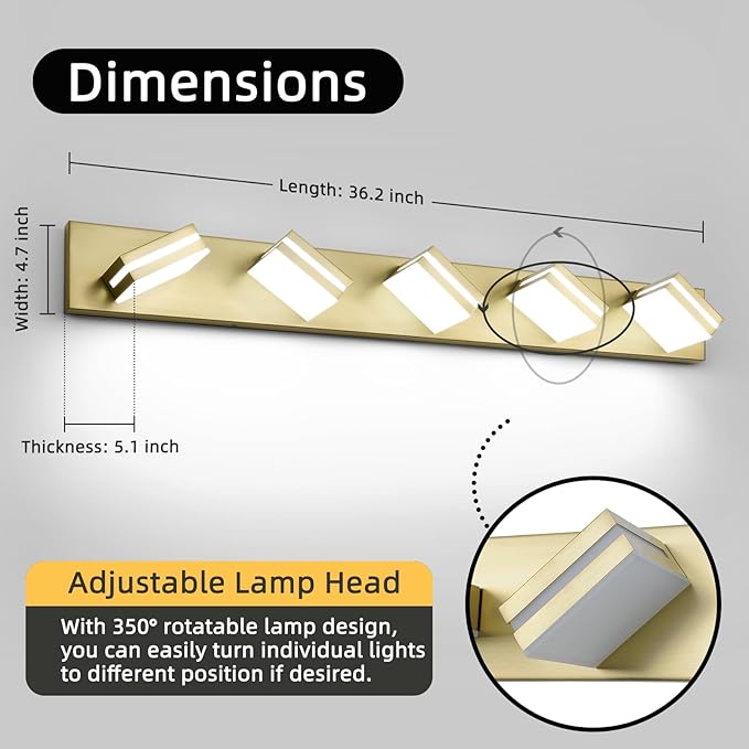 OKELI 5-Light Bathroom Vanity Light Gold Modern LED Vanity Light Over Mirror Dimmable Mirror Front Lamp with 350° Adjustable Lamp Head ETL Listed 32W 6000K Cold White