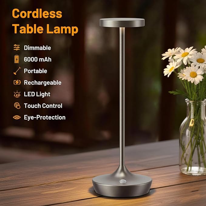 Cordless Table Lamps Outdoor - Rechargeable 6000mAh Battery Operated Table Lights - LED Portable Touch Dimmable Waterproof Table Lamp for Patio Restaurant Dining (2 Grey)