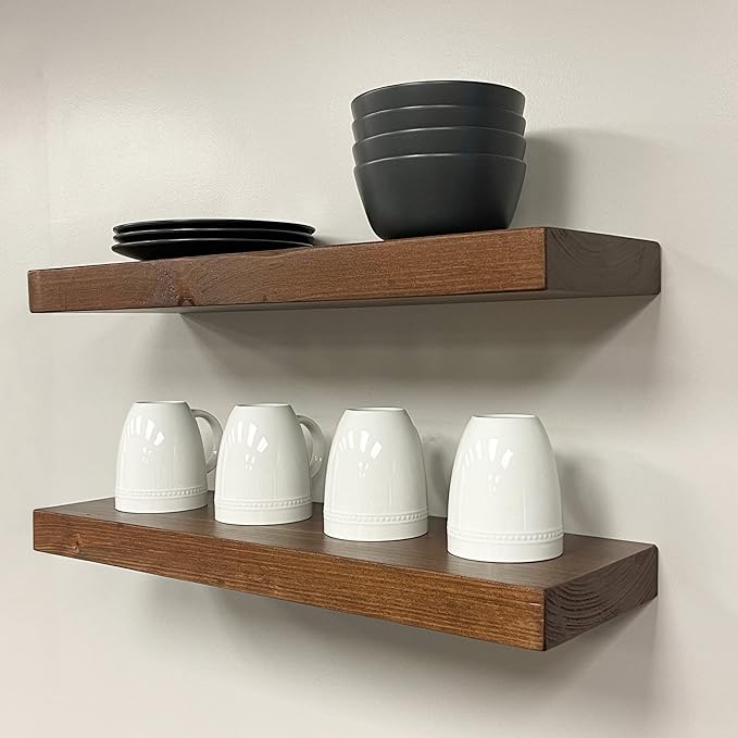 URBANDI, Rustic Floating Shelves, Set of 2, Hidden Bracket, Solid Wood, Heavy Duty, Wall Mounted Shelves, (Provincial, 12Wx12D)