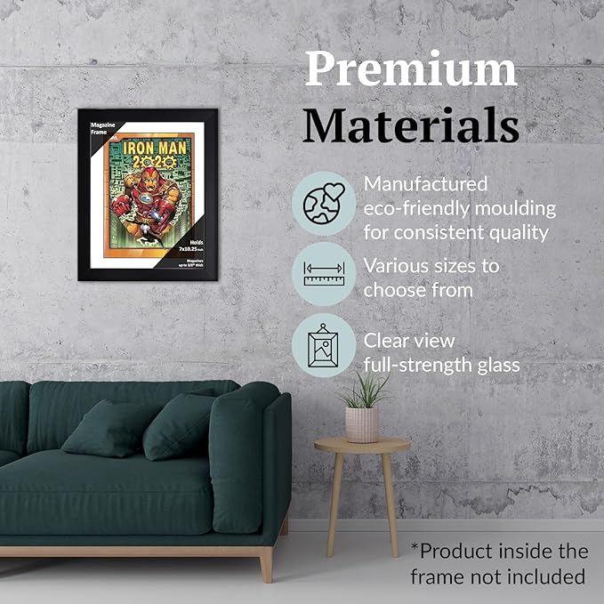 Creative Picture Frames 7 x 10.25 Magazine Comic Book Frame with Full-Strength Glass, Holds Up To A 1/4" Thick Media with Installed Hangers for Easy Mounting, 8x12 Black Frame with White Mat
