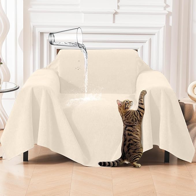 Deep Dream Cat-Scratch Resistant Armchair Couch Cover, Waterproof Sofa Cover for Dogs, Pet Friendly Couch Protectors Anti Slip Thickened Slipcovers for Dogs Pets, 71" x 91", Beige