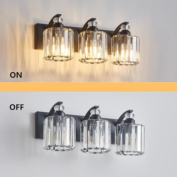 3-Light Black Bathroom Light Fixture Modern Vanity Lights Over Mirror Vintage Wall Sconce Lighting for Bathroom, Bedroom, Living Room, Hallway E26 Base with Crystal Bathroom Vanity Light