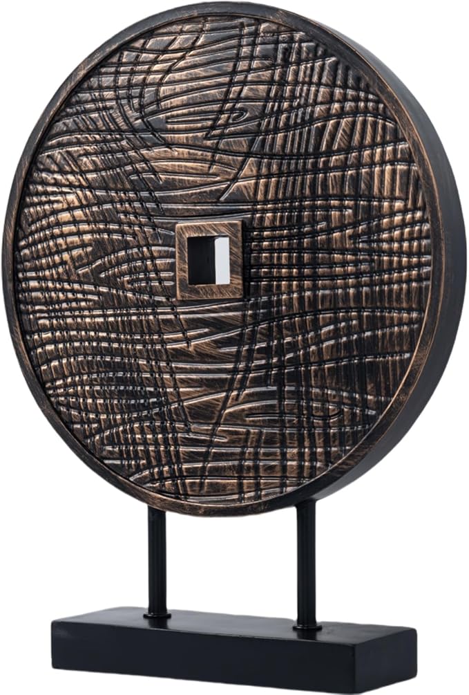Unique Round Coin Sculpture Decorative Objects for Shelf Home Decor Accents, Modern Abstract Tabletop Decor Items for Living Room Fireplace Mantel, Above Cabinet (Black)
