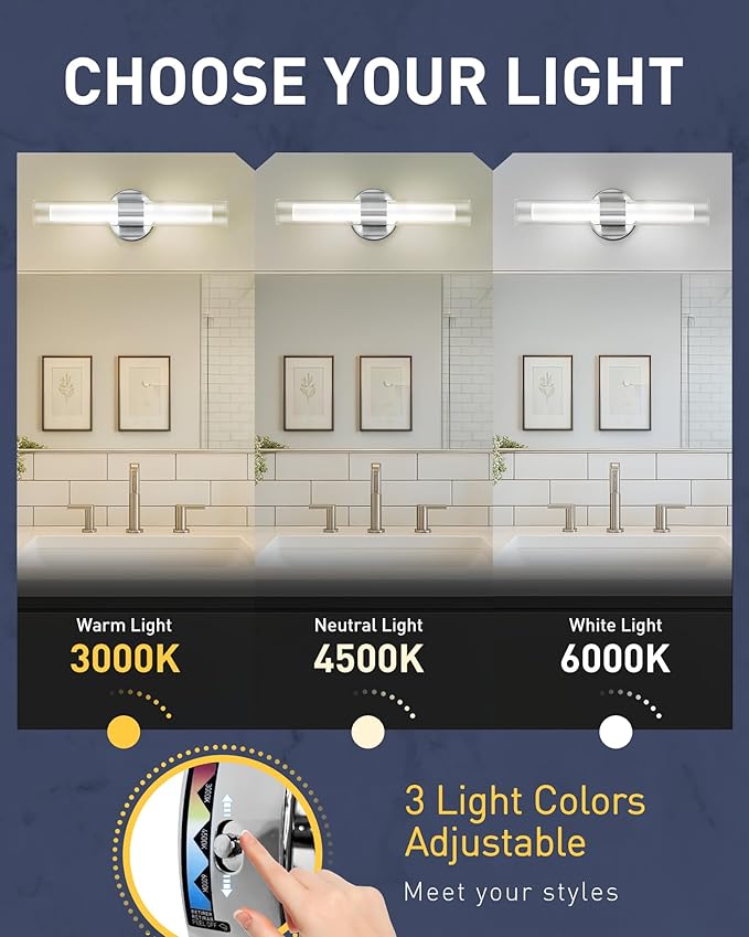 kudos Brushed Nickel Bathroom Sconces Wall Lighting, Vanity Light for Bathroom, Modern Wall Lights with Clear Glass and Frosted Glass, 3000K/4500K/6000K Adjustable, KDVL06-BN-2