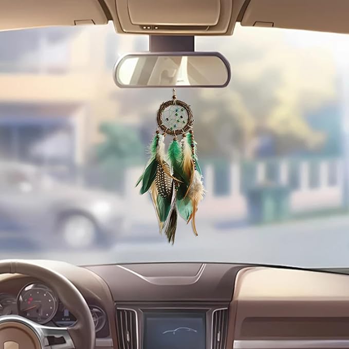 Mini Dream Catcher for Car Rear View Mirror Accessories - Handmade Small Green Dreamcatchers Boho Car Charm Interior Native Ameican Indian Ornament Room Decor