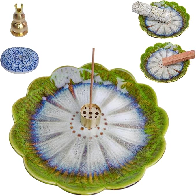 Ceramic Incense Burner Stick Holder Bowl, Incense Holder for Sticks with 9 Holes, Handmade Insence Burner with Ash Catcher for Sage, Coil Incense, Smudge Bowl for Yoga Meditation Room Décor (Green)