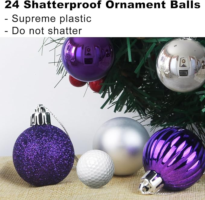 Purple & Silver 2.5" Christmas Balls Christmas Tree Decoration Ornaments Shatterproof Hanging Balls for Birthday Halloween Holiday Wedding Decorations Set of 24pcs