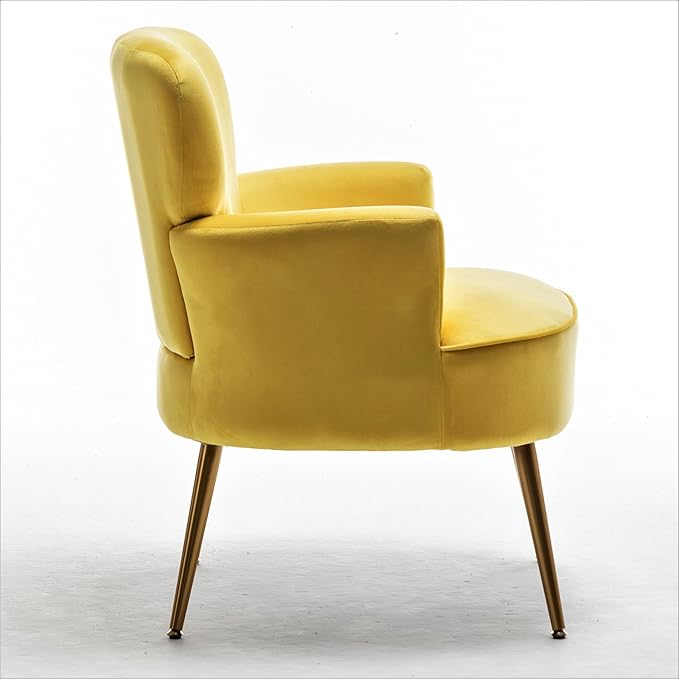 Trendy Velvet Accent Chair with Gold Metal Legs, Upholstered Armchair for Small to Mid-Size Spaces, Modern Living Room, Bedroom, Vanity Desk and Entryway, Yellow