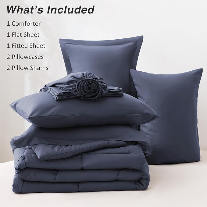 Love's cabin California King Comforter Set Indigo Blue, 7 Pieces California King Bed in a Bag, All Season Bedding Sets with 1 Comforter, 1 Flat Sheet, 1 Fitted Sheet, 2 Pillowcase and 2 Pillow Sham