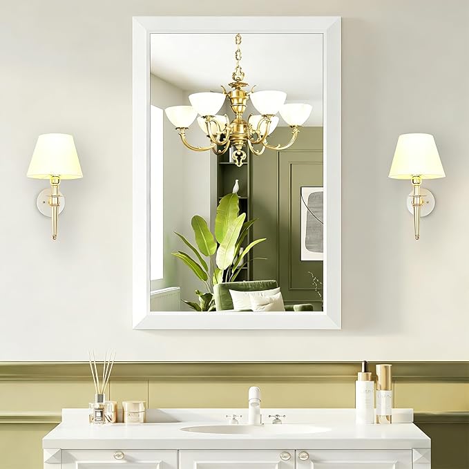 Bathroom Mirror for Over Sink,24x36Inch White Thick Anti-Rust Metal Frame, Rectangle Decorative Wall Mirror with HD Tempered Glass, Horizontal or Vertical Mount for Vanity, Bathroom,Living Room