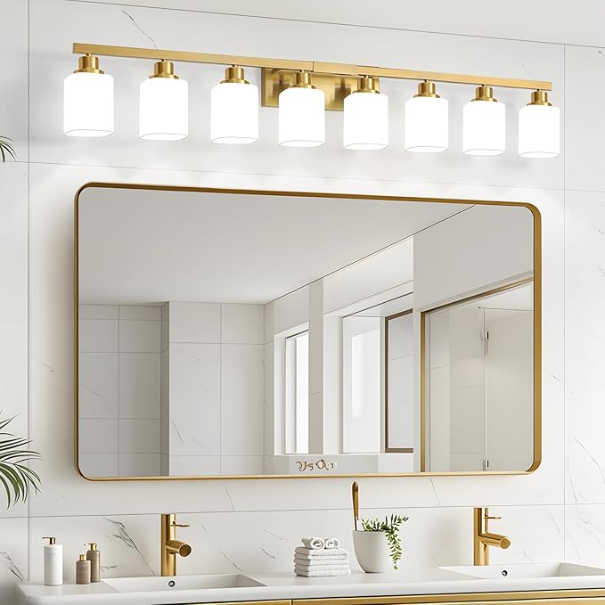 Bathroom Vanity Light,8-Light Brushed Gold Bathroom Light Fixtures with Square Frosted Glass, 51in Gold Wall Lamp Sconces for Mirror Bedroom,Living Room Hallway,E26