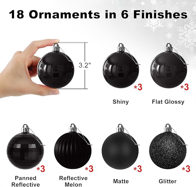 Black 3.2" Large Christmas Balls - Christmas Tree Decoration Ornaments Shatterproof Hanging Balls for Birthday Halloween Holiday Wedding Decorations Set of 18pcs