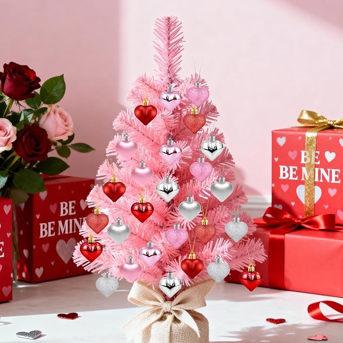 36Pcs Valentines Heart Ornaments, Red Pink Silver Glitter Valentines Decorations Heart Shaped Baubles, Romantic Hanging Valentine Day Tree Ornaments Decorations for Home Office, 3 Styles