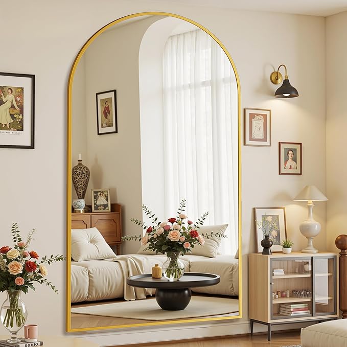 Suidia Arched Full Length Mirror, 86"x46" Floor Mirror Freestanding, Floor Standing Full Body Mirror with Stand for Bedroom, Hanging Leaning Mounted for Living Room Cloakroom, Gold