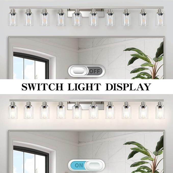 Brushed Nickel Bathroom Vanity Light,10-Light Vanity Lights with Clear Glass,64.5in Modern Bathroom Wall Lights Fixtures Over Mirror,Wall Sconces Lighting for Bedroom Living Room,E26