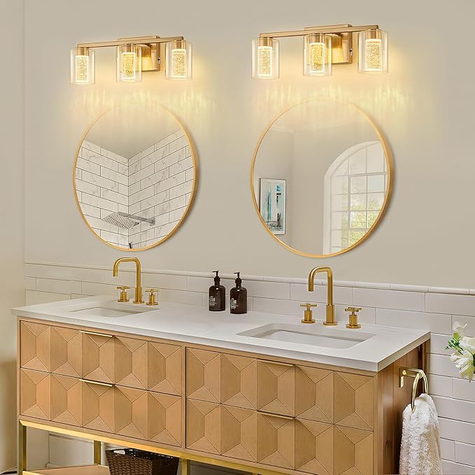 SineRise 3-Light Gold Vanity Light with 3 Color Modes (3000K/4000K/6000K), Eye Protection LED Bathroom Light Fixture, Dimmable Modern Wall Light Over Mirror with Clear Glass Shade