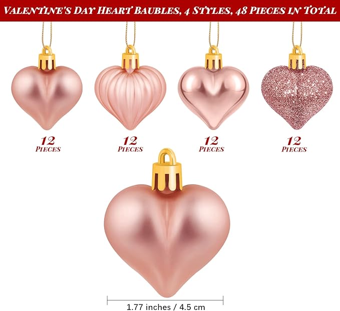 Elcoho 48 Pieces Valentine's Day Heart Shaped Baubles Hanging Heart Ornaments Valentines Tree Decorations for Valentines Day Ornaments Party Wedding Anniversary Decor, Rose Gold