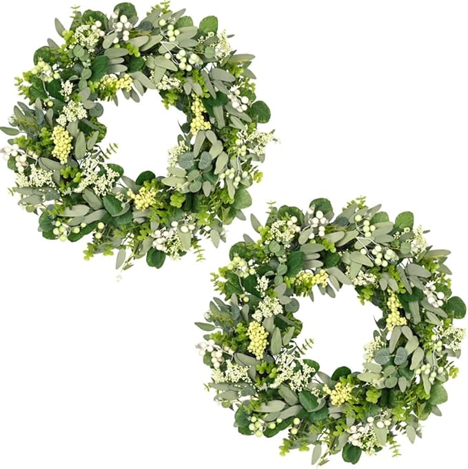 Vlorart 2 Pack Green Eucalyptus Leaf Wreaths, 24 Inch Artificial Spring Summer Wreaths for Front Door Decor Boxwood Wreath with Big Berries, Farmhouse Greenery Wreath Outside Year Round Indoor/Outdoor