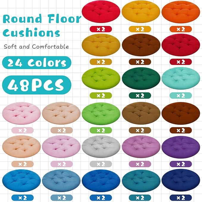 Tinideya 48 Pcs Round Floor Pillows 15.7 Inch Flexible Seating Pillows Chair Floor Cushions Reading Cushions for Kids Adults Classroom Home School Playing Supplies (24 Colors)