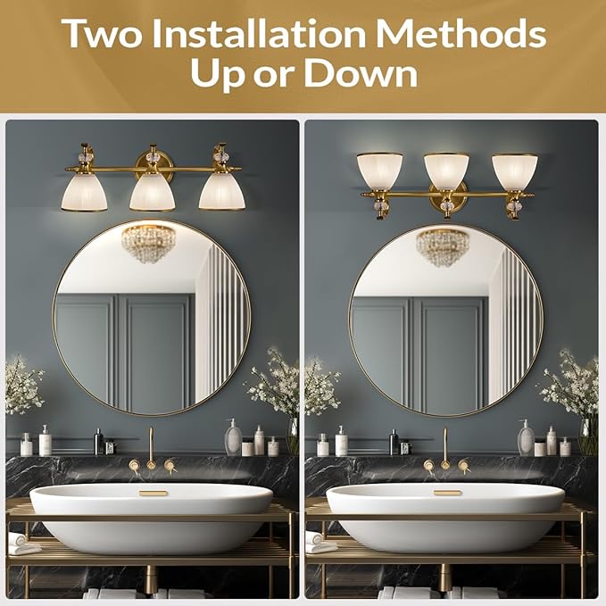 ANDY STAR Bathroom Light Fixture, 3-light Brass Vanity Light, Vintage Bathroom Lights Over Mirror with Crystal Beads, Wall Sconce Lighting with Frosted Milky Glass Shade, E26 Base (Bulbs Not Included)