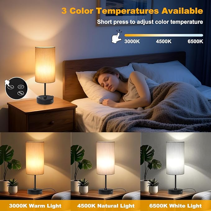 Unicozin Table Lamp for Bedroom, 3 Color Temperatures, 7 RGB Colors, Adjustable Brightness, Dual USB Charging Ports, Ambience Nightstand Light with Grey Shade, Desk Lamp for Kids Reading Home Office