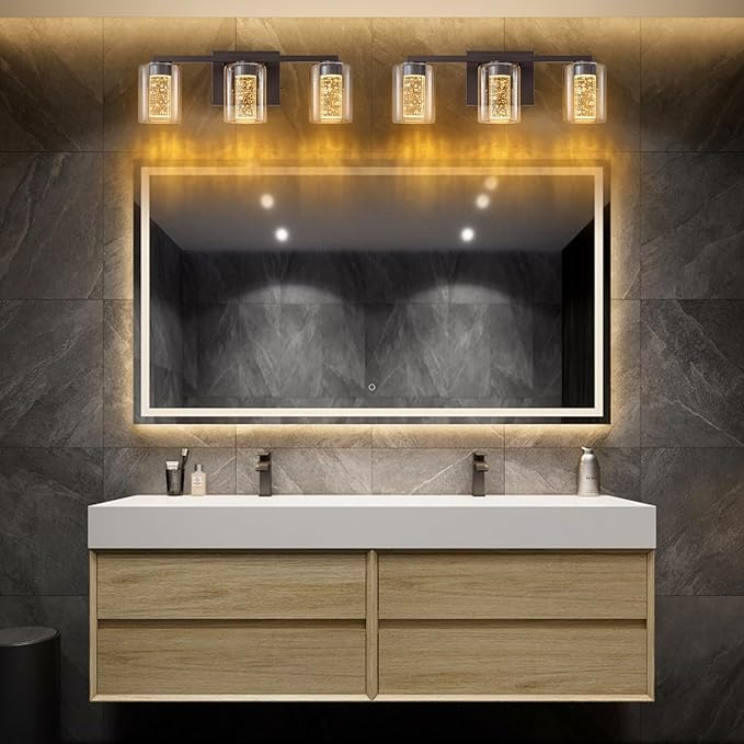 SineRise 3-Light Bronze Vanity Light with 3 Color Modes (3000K/4000K/6000K), Eye Protection LED Bathroom Light Fixture, Dimmable Modern Wall Light Over Mirror with Clear Glass Shade