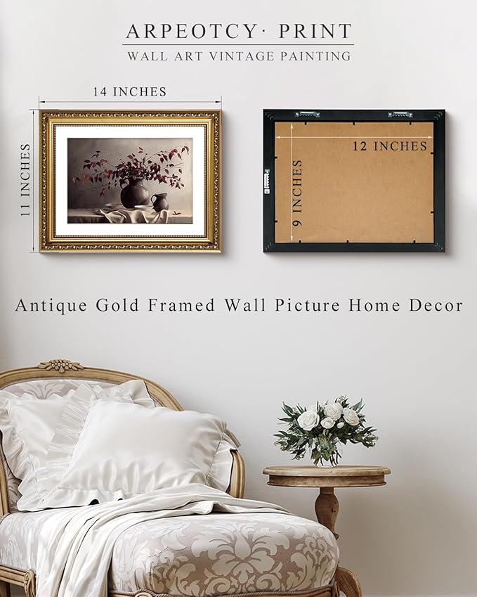ARPEOTCY Vintage Gold Framed Wall Art Decor, 11x14 Inch Vase Still Life Painting Artwork, Classical Canvas Wall Art for Living Room Bedroom, Antique Farmhouse Kitchen Decor