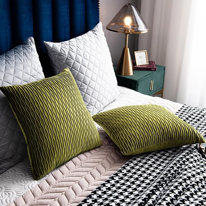 24x24 Moss Green Throw Pillow Cases: 2 Pack Original Striped Velvet Square Decorative Pillow Covers for Farmhouse Couch