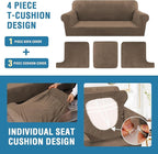 H.VERSAILTEX Sofa Cover 4 Piece T Cushion Sofa Slipcovers Thick Velvet Couch Cover Stretch T Cushion Sofa Covers for 3 Cushion Couch with 3 Individual T Cushion Covers, Mocha