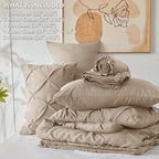 CozyLux Full Size Comforter Sets Khaki, 7 Pieces Pintuck Bed in A Bag Khaki Comforter Full Size, Pinch Pleat Bedding Sets with All Season Comforter, Sheets, Pillowcases & Shams