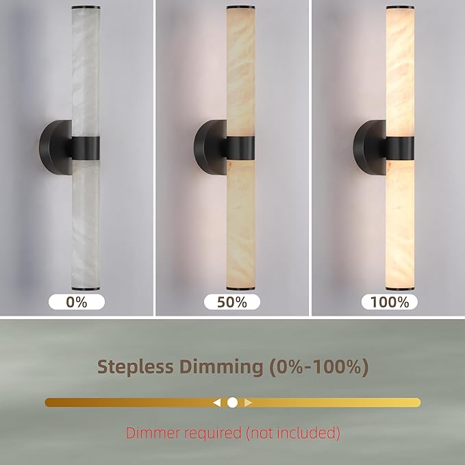 23.8in Alabaster Wall Sconce, Black Sconces with Spanish Marble, Modern Brass Wall Mounted Lamp, Hardwired LED Wall Lighting for Bathroom Bedroom Living Room Staircase Hallway Dining Room