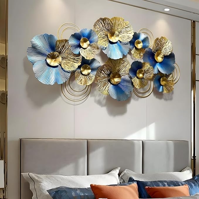 edaknez Metal Wall Art for Living Room, Extra Large Metal Wall Decor, 3D Modern Leaves Wall Decoration, Lotus Flower Wall Hanging Sculpture, for Indoor Outdoor, Blue & Gold (A 130x66x6cm)
