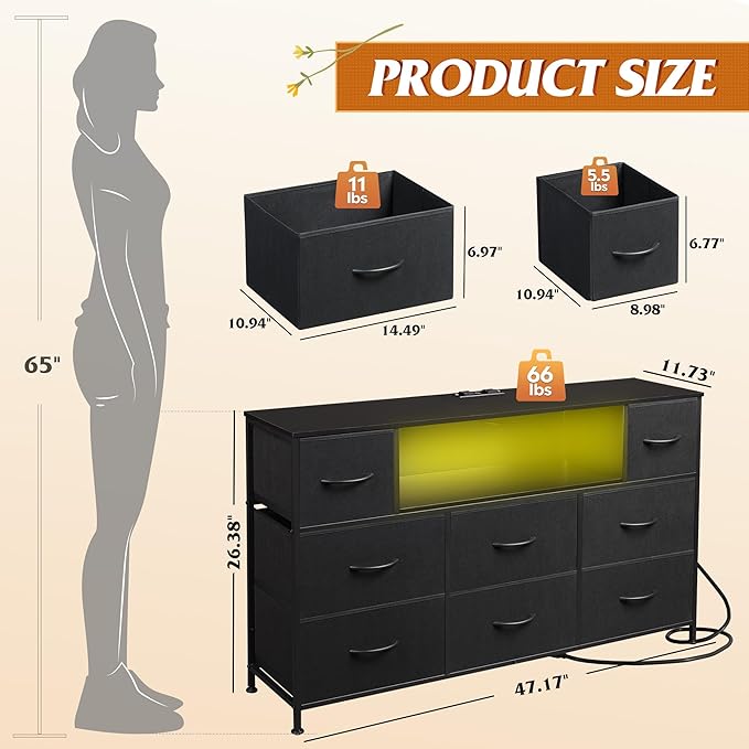 WLIVE Black Dresser TV Stand for 45, 50, 55 inch TV, Entertainment Center with LED Lights & Charging Station, Chest of Drawers with 8 Fabric Drawers and Open Shelves for Living Room, Hallway, Wood Top
