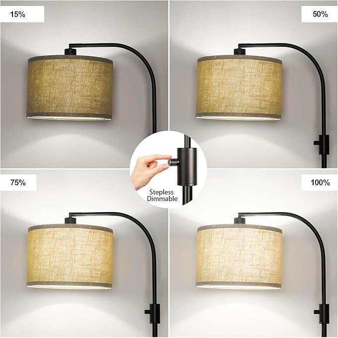 【Upgraded】 Dimmable Matte Black Floor Lamp, 1201 Lumens LED Bulb Included, Arc Floor Lamps for Living Room Modern Standing Lamp with Champagne Linen Shade, Tall Lamp for Living Room Bedroom Office