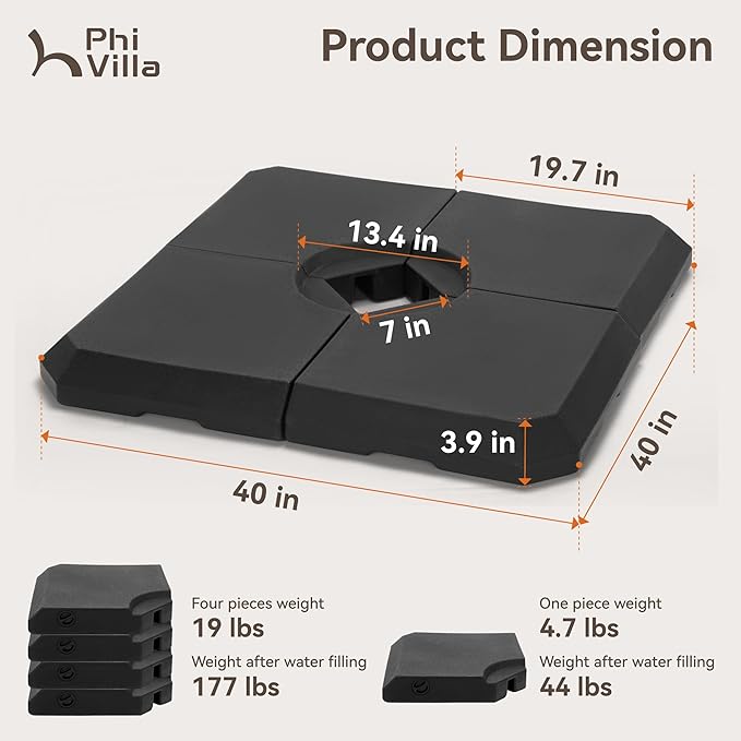 PHI VILLA Cantilever Patio Umbrella Base Weight 4 PCS, HDPE Heavy Duty Square Design, 317 lbs Filled Weight, Offset Patio Umbrella Stand for Poolside Backyard, Black