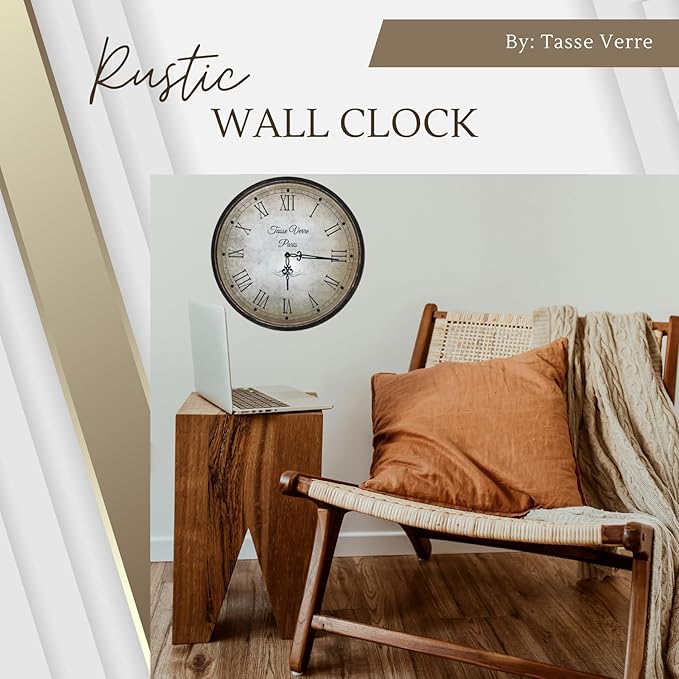Tasse Verre 12 Inch Vintage Wall Clock - Farmhouse Decor Distressed White Washed Mechanical Quiet Silent - Retro Vintage Hanging Brown Non-Ticking Round