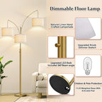 Nintiue Dimmable Floor Lamp - 3 Lights Brass Floor Lamps for Living Room Linen White Shades & Heavy Base, Mid Century Tree Floor Lamp for Bedroom Office, 3 LED Bulbs Included