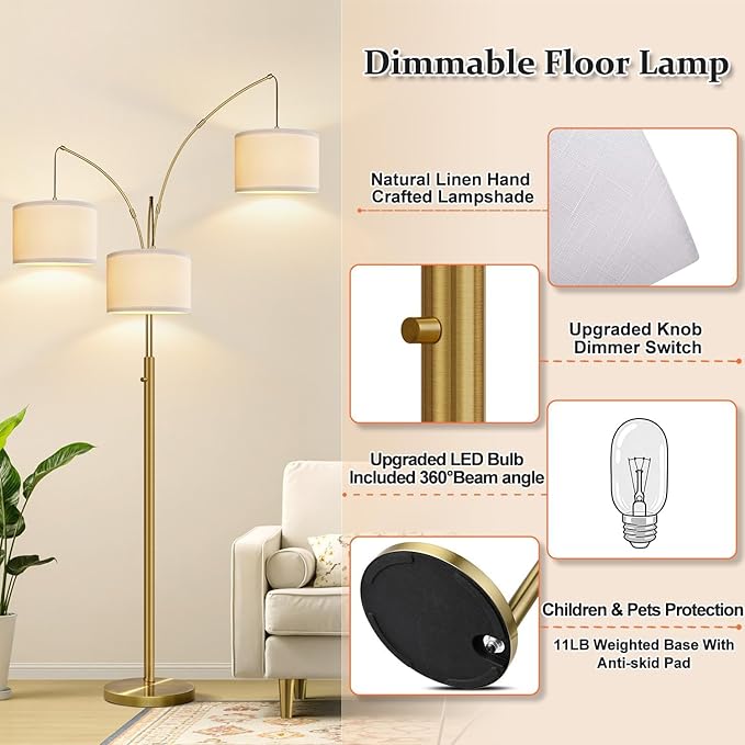 Nintiue Dimmable Floor Lamp - 3 Lights Brass Floor Lamps for Living Room Linen White Shades & Heavy Base, Mid Century Tree Floor Lamp for Bedroom Office, 3 LED Bulbs Included