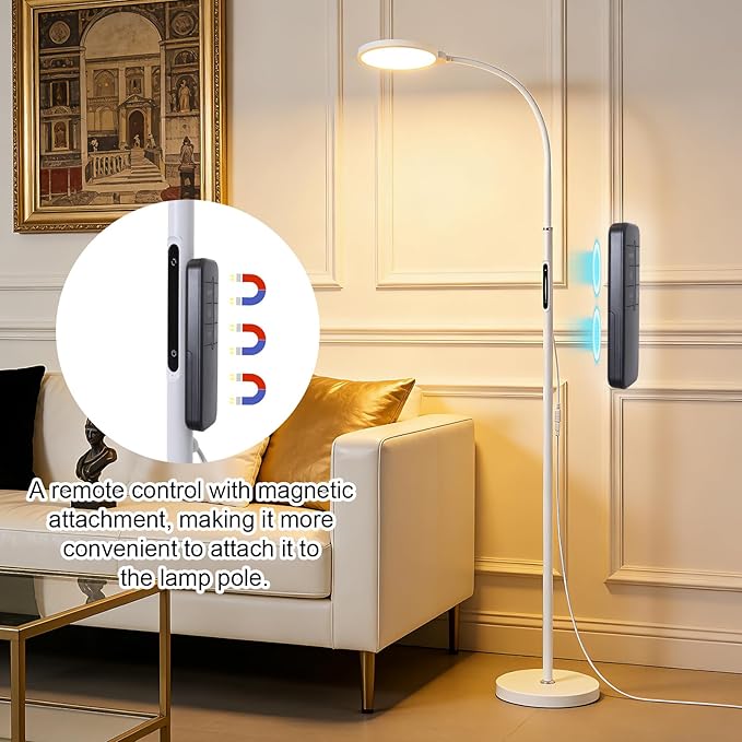 White Bright Floor Lamps with Remote, Touch Control Nursery & Bedroom Lamp, Dimmable Kids Light with Adjustable Color, Gooseneck Standing Lamp for Reading, Living Room, Office, Library, Pharmacy Table