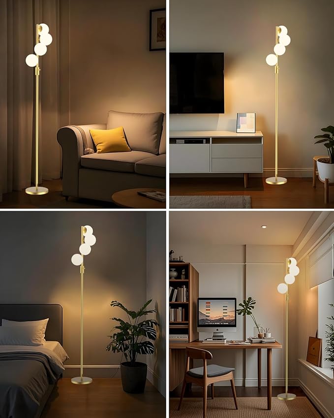 Lightdot 64IN Dimmable Globe Floor Lamp, Gold Standing Lamps with 4PCS 3000K Bulbs Soft Warm White Eye Care, Mid Century Modern Floor Lamp for Living Room/Bedroom/Sofa Beside/Corner Decor