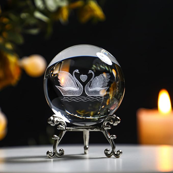 HDCRYSTALGIFTS 3D Engraving Crystal Double Swan Figurine with Love Heart Sphere 60mm(2.3inch) Crystal Ball Paperweight with Stand Base Valentines for Girls Women
