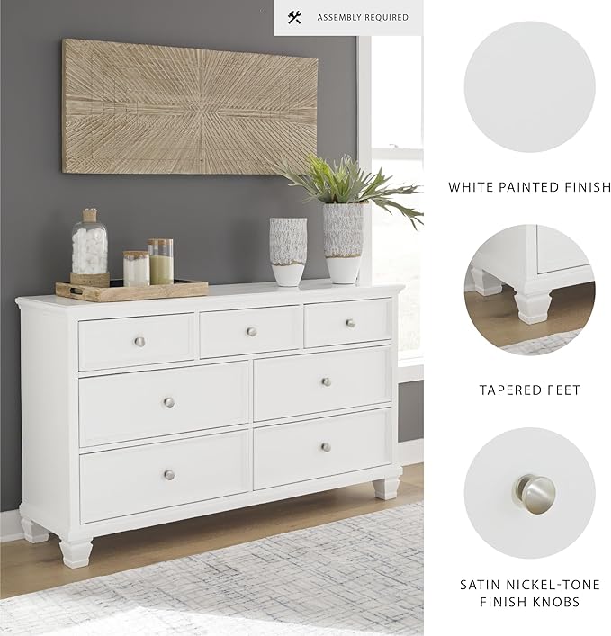 Signature Design by Ashley Fortman Casual Dresser with 7 Storage Drawers and Tapered Feet, Round Metal Knobs" Satin Nickel-tone, Wood, 36" High, White