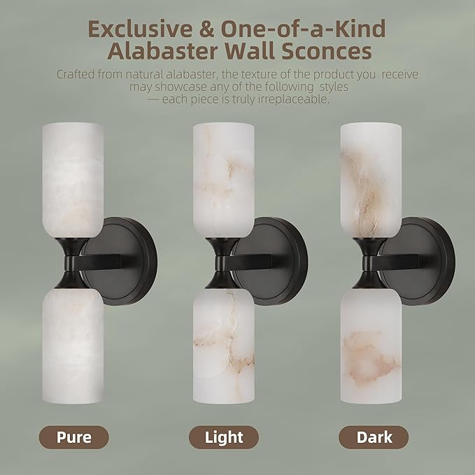14.4in Alabaster Wall Sconce, Black Sconces with Spanish Marble, Modern Brass Wall Mounted Lamp, Hardwired LED Wall Lighting for Bathroom Bedroom Living Room Staircase Hallway Dining Room