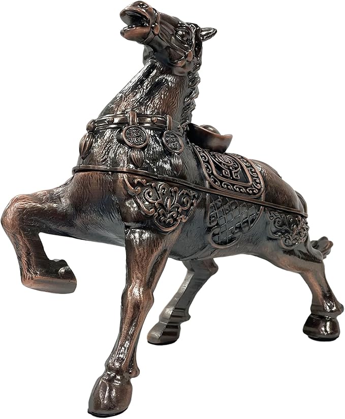 Metal Ornament Galloping Horse Statue Classic Bronze Finish Luxury Home Decor Multi Functional Sculpture for Living Room Office Desk Feng Shui Art with Set of 5 Lucky Charm Ancient Coins (D3 Bronze)
