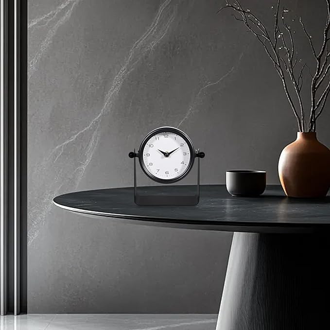 Vintage Mirror Table Clock on Stand, Decorative Desk and Small Clocks Shelf Clock Decorative Battery Operated Table Top Decor for Living Room，Silent Non-Ticking (Black)