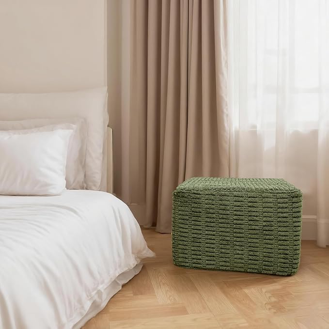 20x20x14 Inches Fluffy Square Pouf Ottoman - Plush Furry Ottoman Foot Rest Stool with High-Density Foam, Versatile Floor Seating for Living Room (Green)