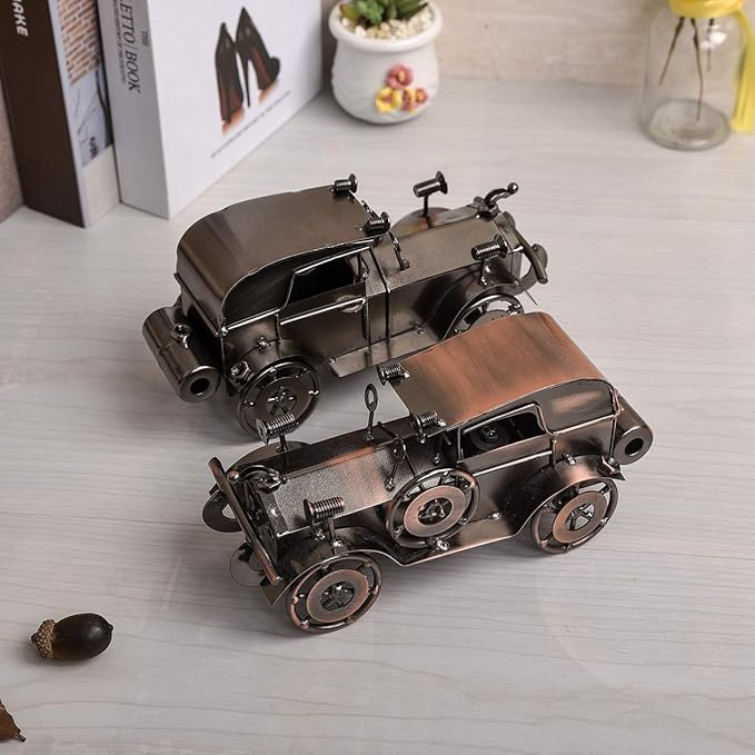 Metal Antique Vintage Car Model QBOSO Handcrafted Collections Collectible Vehicle Toys for Bar or Home Decor Decoration Great Birthday Gift (Black-Silver, Large