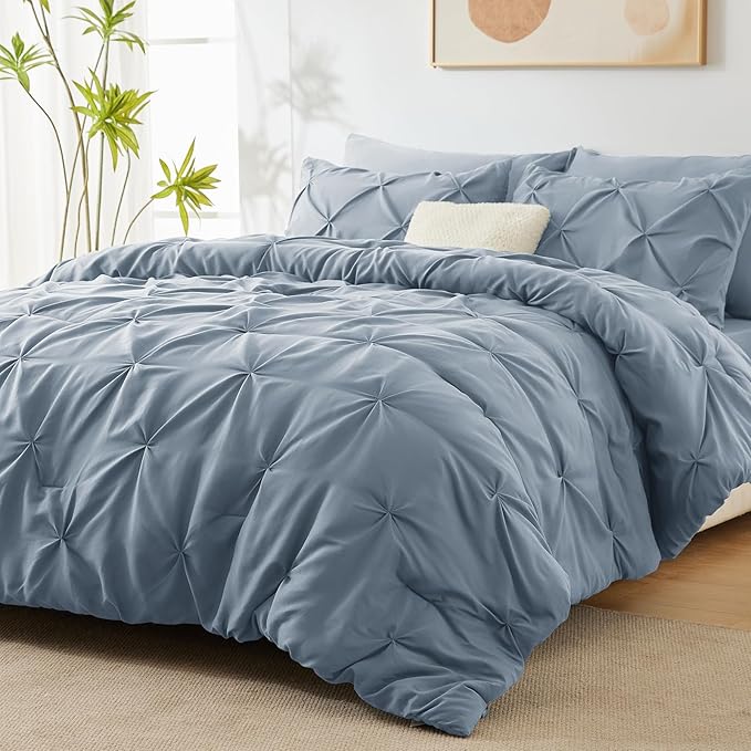 CozyLux Twin Comforter Set with Sheets Grayish Blue, 5 Pieces Pintuck Bed in A Bag, Twin Bed Set Gift for Family, Pinch Pleat Bedding Set with Comforter, Sheets, Pillowcase & Sham