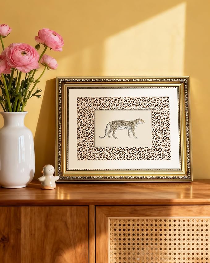 ARPEOTCY Gold Framed Canvas Wall Art, 11x14 Vintage Leopard Illustration with Leopard-Print Border, Safari Animal Wall Art for Living Room, Bedroom, Office, Glam & Maximalist Home Decor