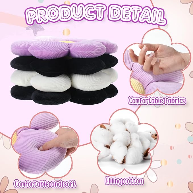 Reginary 4 Pcs Flower Floor Pillows Cute Plush Flower Throw Pillows Daisy Floor Seat Cushion Chair Pads for Back to School First Day of School for Sofa Couch Bed Decor(15 Inch,Black, White, Purple)